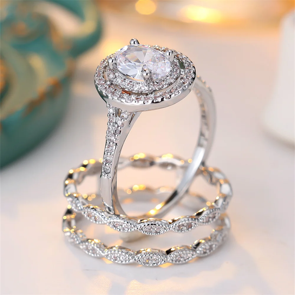 3pcs Shiny White Zircon Oval Stone Rings Sets For Women Vintage Silver Color Engagement Bands Wedding Jewelry Set Versatile Gift