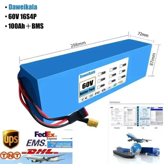 Batterie au lithium 60V 16s4p, batterie 60V 100Ah 2000W, BMS + chargeur intégrés 50A, batterie longue durée, transport aérien mondial 1