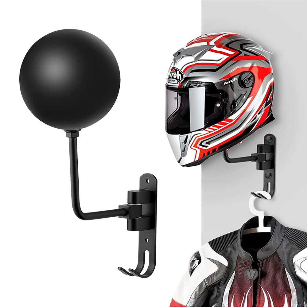 180&deg; Rotation Motorcycle Helmet Rack Wall Mount with Hooks Metal Bicycle Helmet Display Hanger Stand for Coats Caps Rugby motorcycle helmet holder