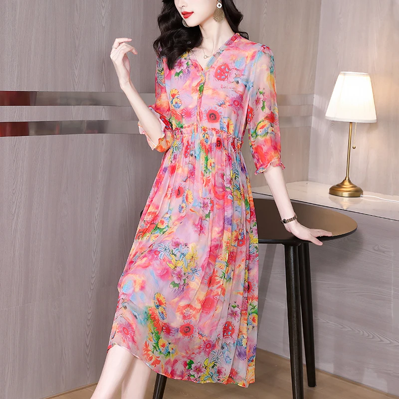 

2023 New Fashion Silk Printed Dress Women's Summer Versatile Fragmented Flower Loose Fit Casual Holiday Dress Vestidos