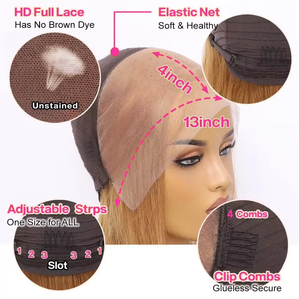 200% Density 30#Honey Blonde Straight Short Bob Wig Brazilian Hair 13x4 Lace Front Human Hair Wig Pre Plucked with Baby Hair