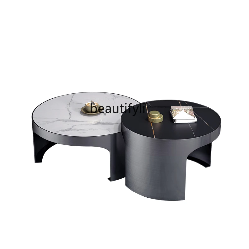 

Luxury Stone Endtable Modern Small Apartment Living Room Simple round Stone Plate Marble Microlite Minimalist Large Tea Table