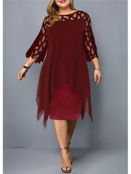 2024 Primavera Autunno Donna New Fashion Lace Hollow Splicing Manica a sette quarti Irregolare Chiffon di canapa Abito al ginocchio 1