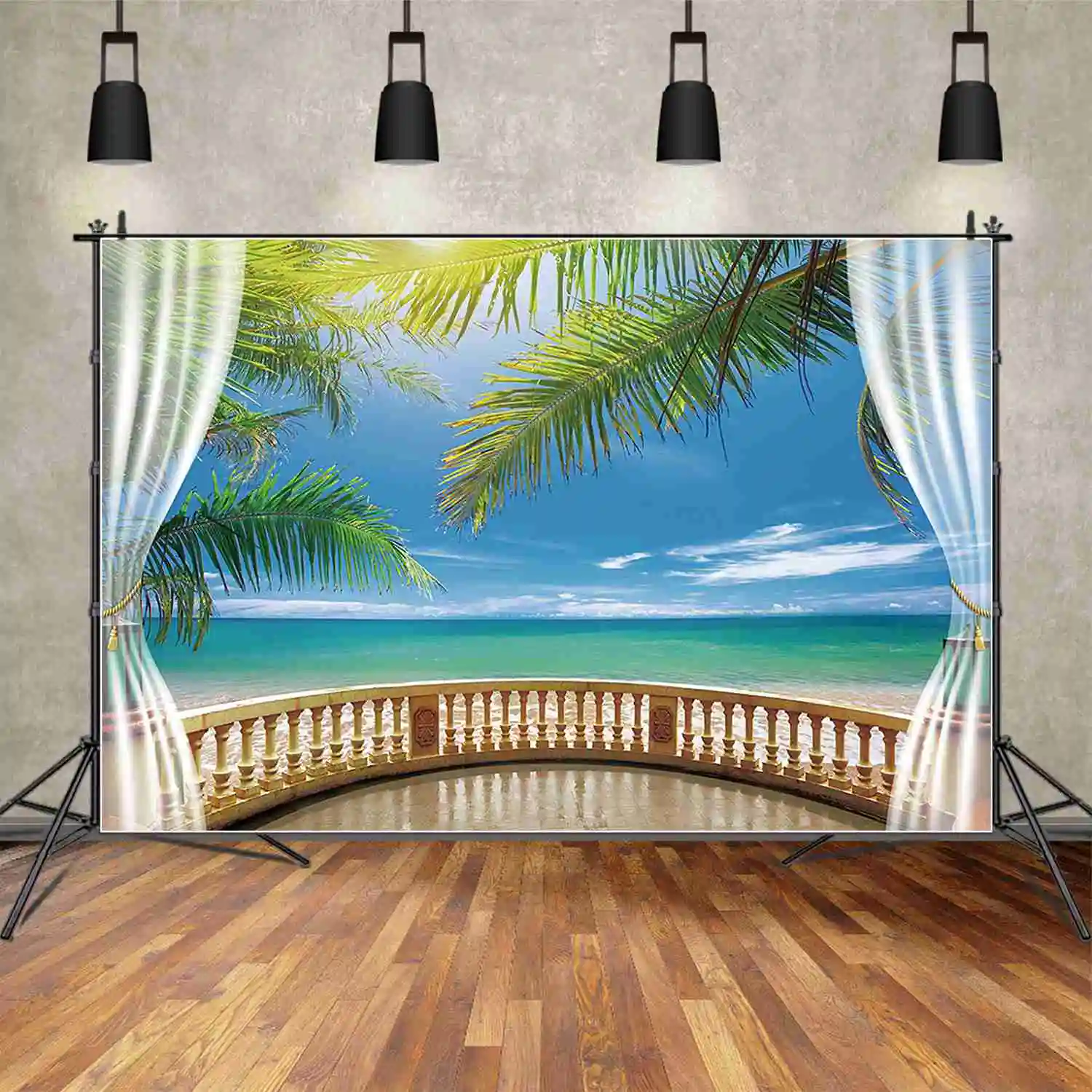 

Задний фон MOON.QG для фотосъемки с изображением тропических листьев океана и пляжа