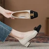 2025 New Classic Thick Heel Bow Metal Decoration Lady Pumps Simple Square Head Leather Women Single Shoes Fashion Dress Shoe 5