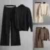 Women Knitwear Sets Patchwork 2 Piece Set Long Sleeve Round Neck Side Slit Sweater Elastic Waist Wide Leg Pants Winter Outfits 1