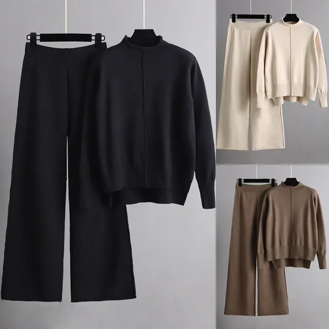 Women Knitwear Sets Patchwork 2 Piece Set Long Sleeve Round Neck Side Slit Sweater Elastic Waist Wide Leg Pants Winter Outfits 1