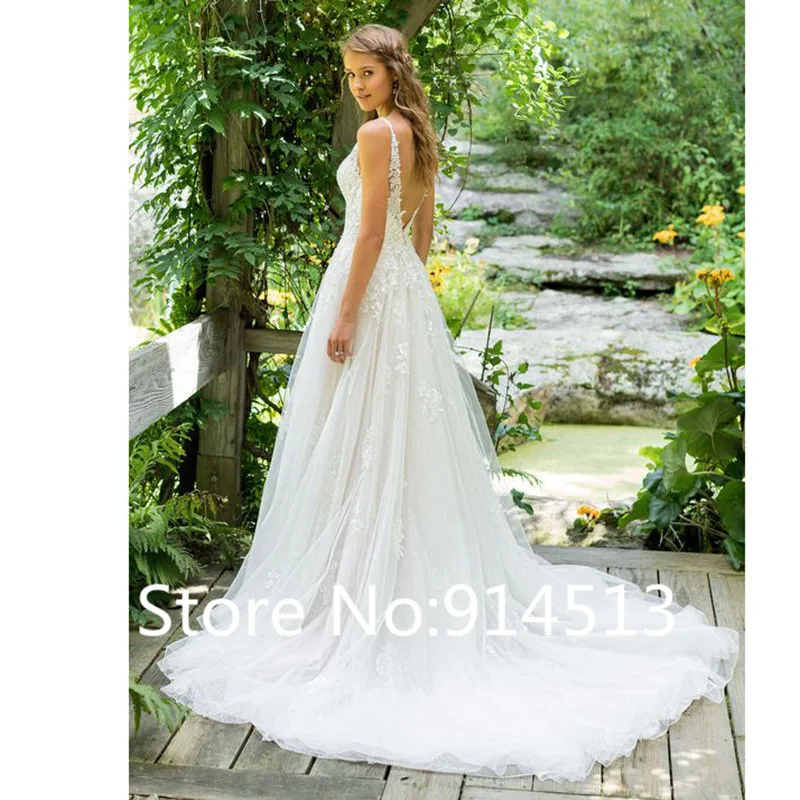 Customized Vestido De Noiva V Neck Tulle Wedding Dress Top Lace Appliques Bridal Dress Made Backless Wedding Gown Sweep Train 2