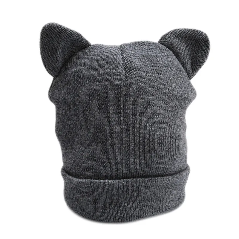 Lovely Warm Winter Casual Skullies Beanies Hat Hot Fashion Design Wool Cap Hat Gray White Cute Cat Ears Knitted Hat 3