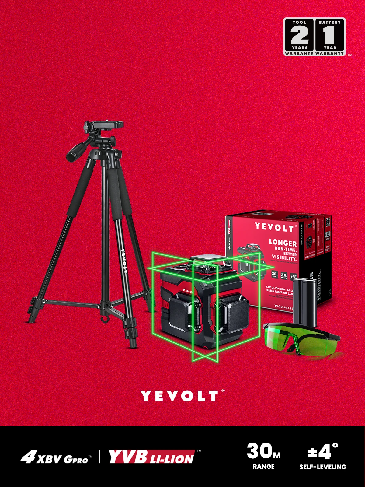 

YEVOLT TP-YVGLL4XS12-G 3-Plane Green Beam Laser Level 3D 12 Lines with Tripod 3.6V Li-ion Battery Glasses Self-Leveling Machine