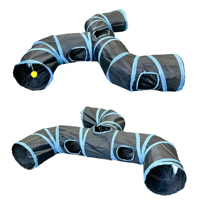 Blue Three Ways Pet Play Tunnel Cubes Foldable Drill Barrel Bending Cat Kitty Indoor Tent Kitty Training Interactive Fun Toy 6