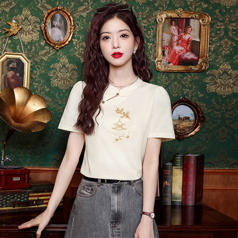 

Cotton Chinese Style Women's T-shirt Summer Embroidery Vintage Tees Short Loose Women Tops Patchwork O-neck Clothing