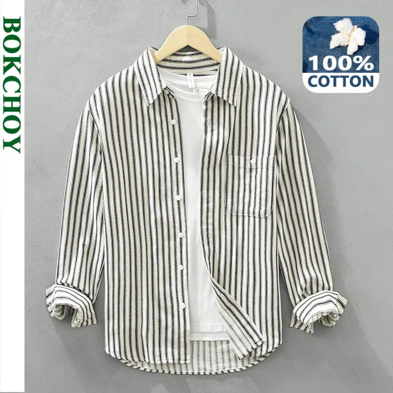 

Autumn New Vintage Striped Shirts for Men Casual 100% Cotton Men Shirts C6623