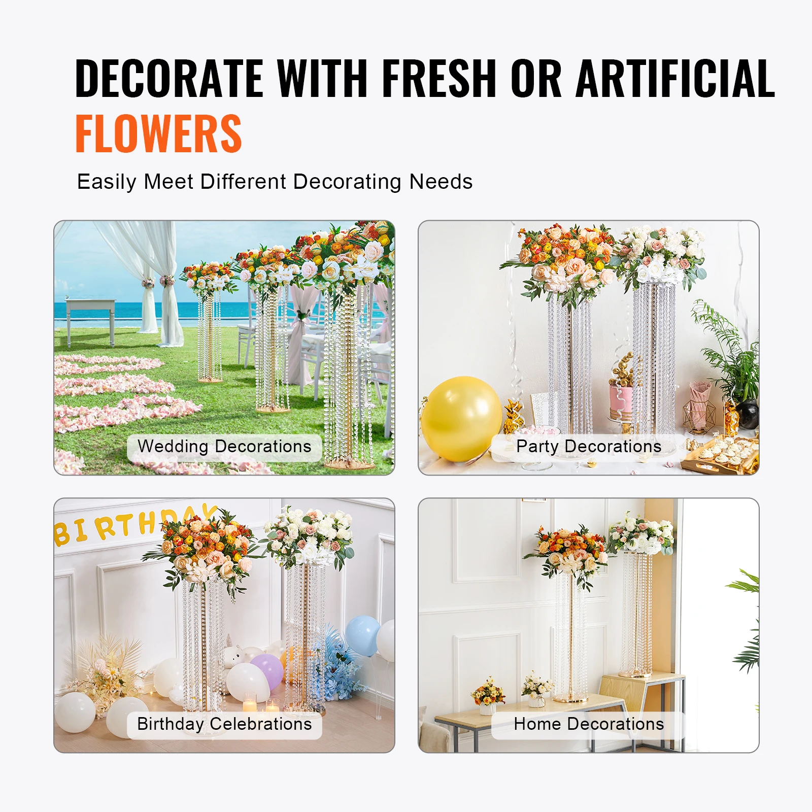 VEVOR 4PCS 35.43inch Tall Crystal Wedding Flowers Stand Luxurious Centerpieces Flower Vases Crystal Gold Vase Metal for Wedding