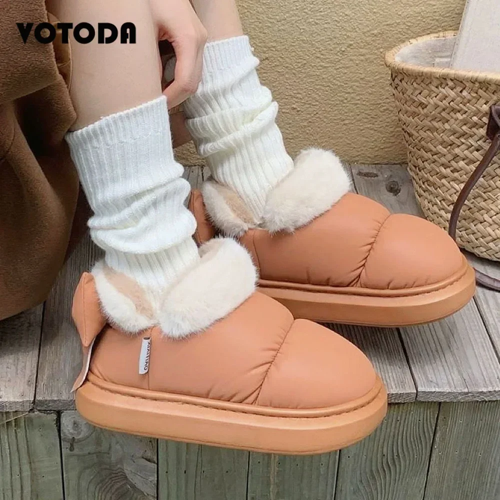 Winter Women Cute Warm Ankle Boots Outdoor Non-slip Thick Sole Snow Boots Furry Bow Cotton Shoes Men Pu Waterproof Plush Boots