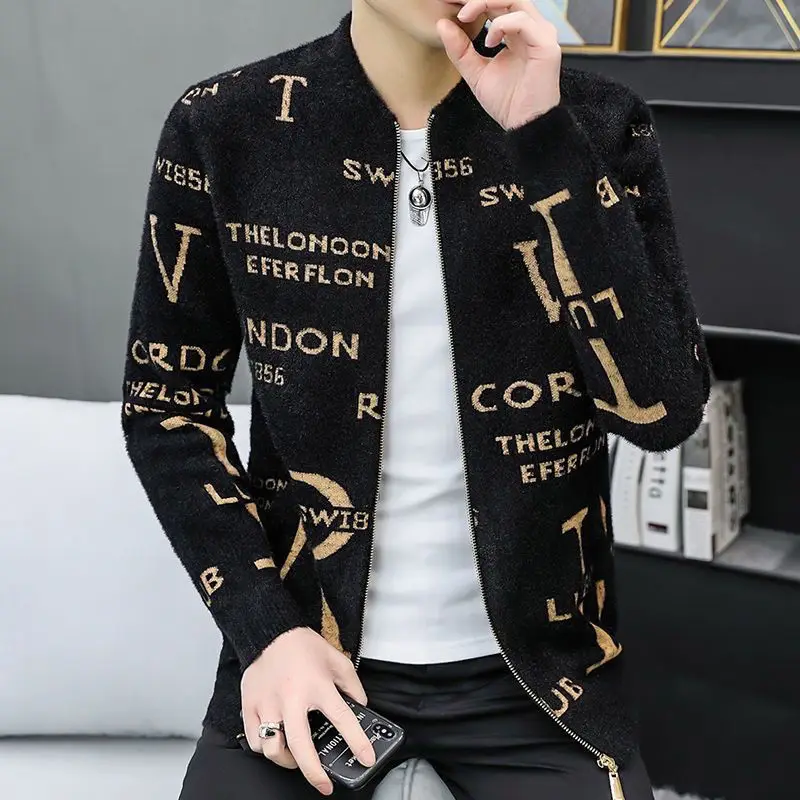 2023 New Mens Clothing Stand Collar Long Sleeve Knitted Autumn Winter Casual Fashion Letter Striped All-match Sweaters Cardigan
