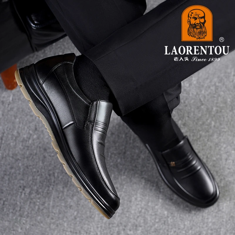 LAORENTOU genuine cowhide breathable business casual men's leather shoes, wear-resistant cow tendon thick sole, soft black shoes 3