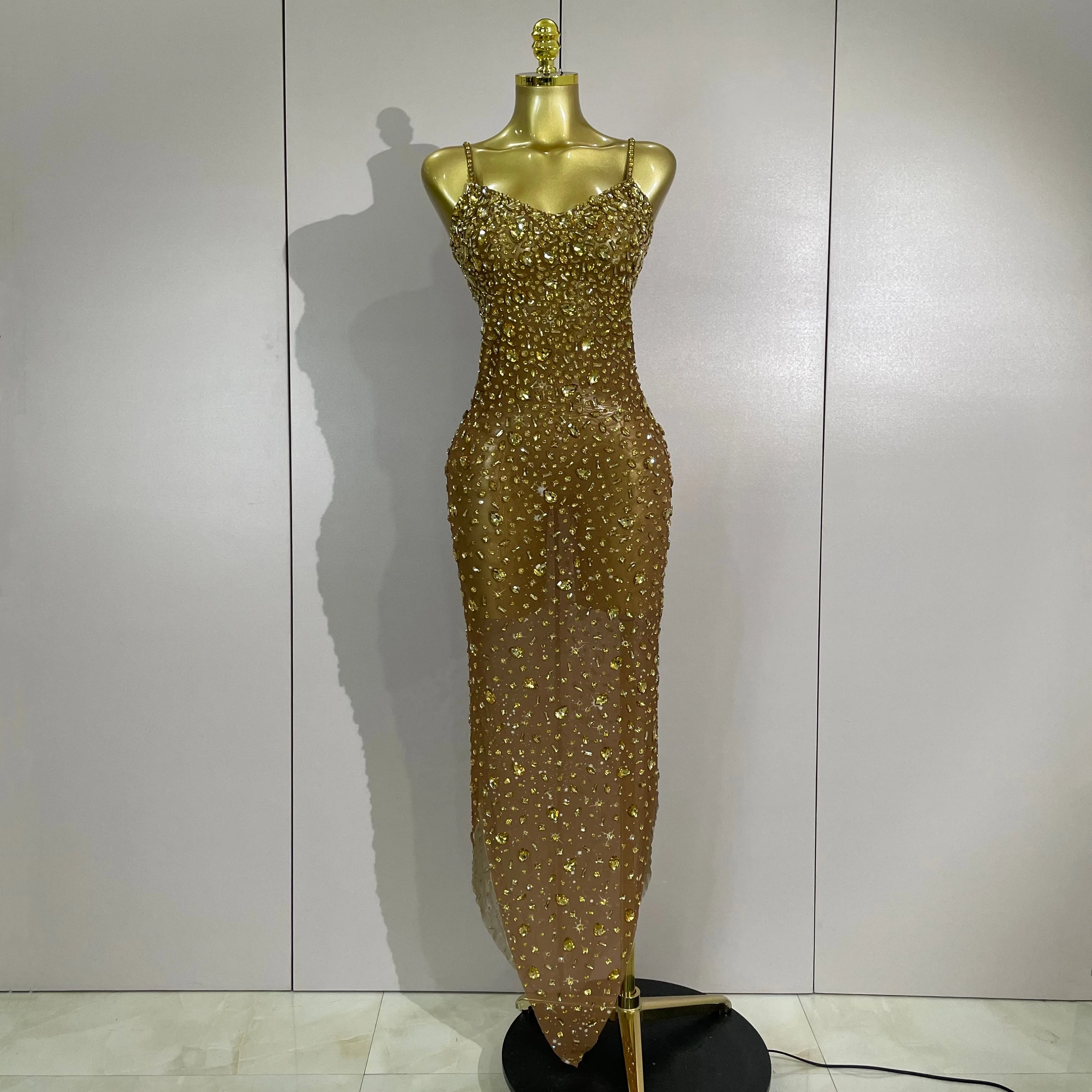 STOCK Sparkly Gold Diamonds Mesh Stretch Long Dress Women Eveing Celebrate  Luxury Birthday Party Sexy Nightclub Stage Costume - AliExpress 200000345