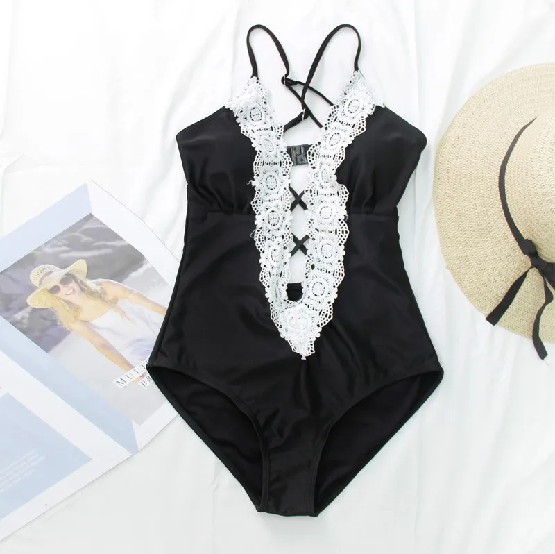 Fashion Women's Vintage Lace Deep V Neck Beach Bikini One-piece Striped Swimsuit Dropshipping