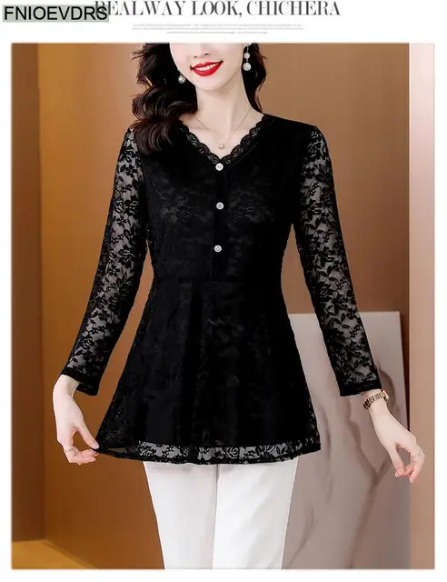 M-5XL 2023 Women Winter Spring Basic Black Lace Shirts Elegant