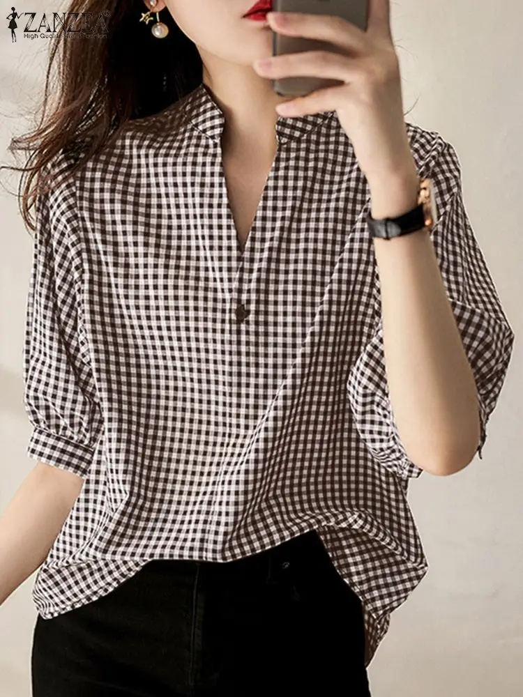 Camisa De Manga Larga Con Botones Para Mujer, Blusa A Cuadros Con Hombros Caídos Y Cuello Vuelto, Tops Con Bolsillo Tipo Parche, Cuadros Café XXL | Bodega Aurrera En Línea