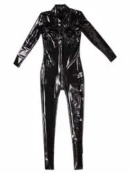 Half High Collar Wet Look PVC Catsuit Shiny PU Leather Cosplay Zipper Open Crotch Bodysuit Tights Leotard Conjoined Unitard Body