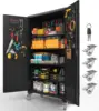 Upgraded high and wide metal storage cabinet with doors and 4 adjustable shelves, equipped with wheels and nail boards 1