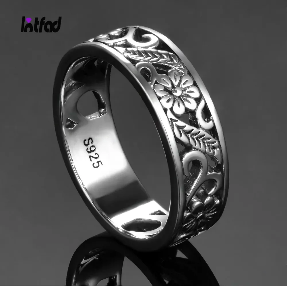 Vintage925SterlingSilverRingsforWomenFlowerShapedHollowOut