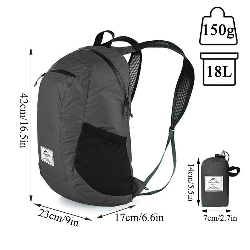 Folding Backpack Lightweight Backpack Mountaineering Backpack Naturehike 18L Camping Portable Ultralight Waterproof Nylon for Outdoor Sports Travel Hiking