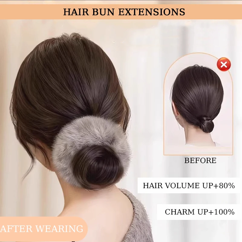 Synthetic Hair Bun Extensions Wig Claw Clip Hair Bun with Grey Plush Hair Band Updo Hair with Clip for Women Daily Winter Use