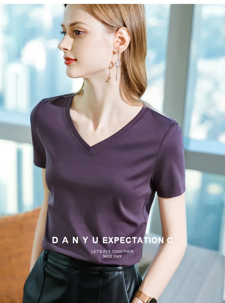 Ice Sensitive Silk Cotton V-neck Short Sleeved T-shirt for Women's Solid Round Neck Basic Commuting Elastic Oversized Top