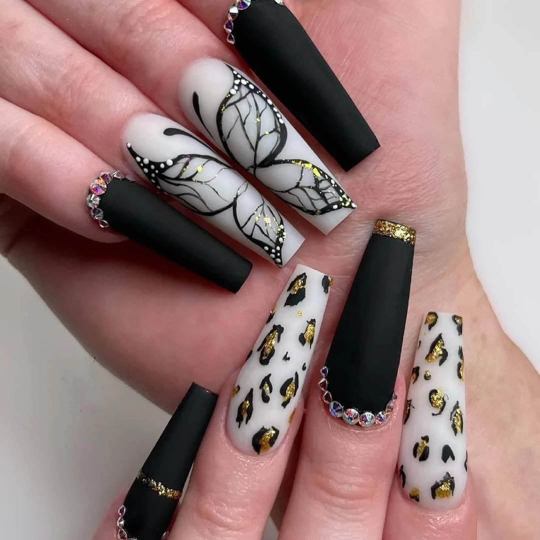 24PCS Butterfly Leopard Press on Nails with Designs Matte Black White Bling  Rhinestones Long Coffin Fake Nails Set Manicure| | - AliExpress