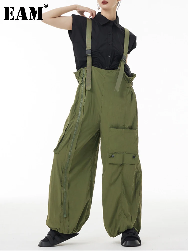 

[EAM] High Waist Army Green Pocket Long Overalls Pants New Loose Fit Trousers Women Fashion Tide Spring Autumn 2024 1DF8775