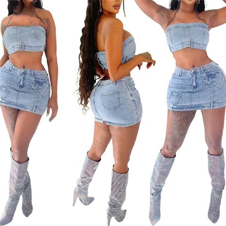 

Fashion Pearls Diamond Y2K Denim Two Piece Sets Women Off Shoulder Sleeveless Backless Tube+Mini Skirts Cowboy Outfits