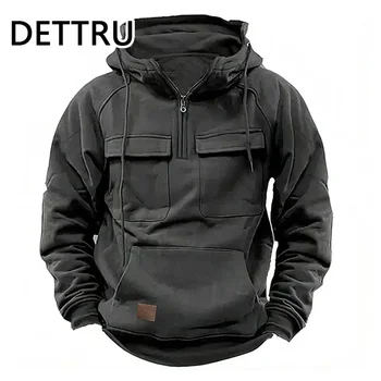 Men’s  Hoodies Sweatshirts Multi Pockets Male Hooded Jackets  Outdoor Half Zipper
