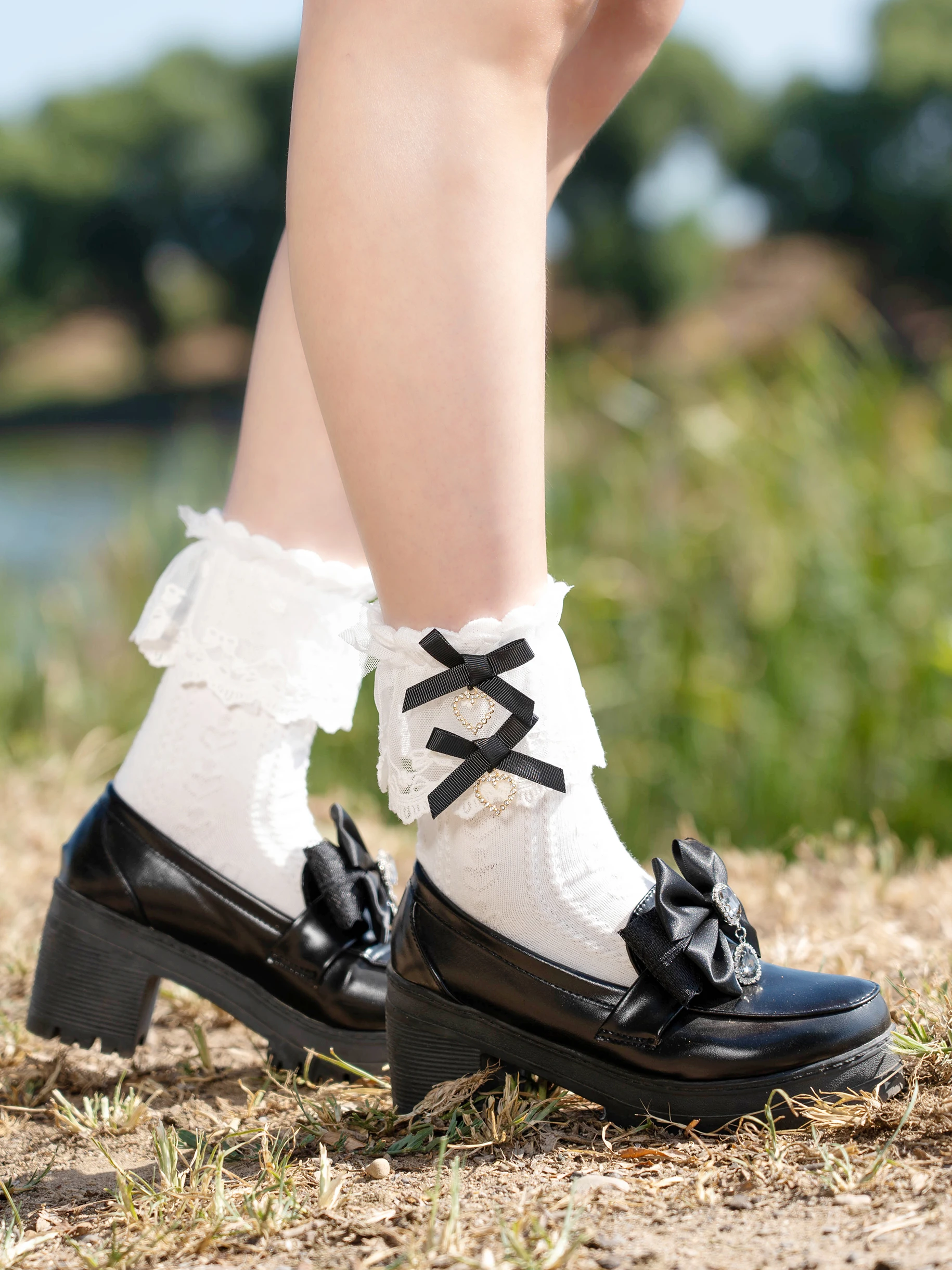 Japanese Style Student Girls Lace Heart-Shaped Bow Cotton Socks Sweet and Cute Women's Mass-Produced Lolita Mid-Calf Socks