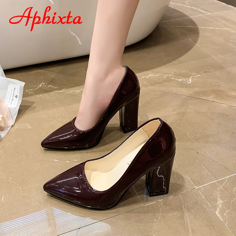 Aphixta Autumn 10cm/3.94Inch Chunky Heels Pumps Women Shoes Wine Red Patent Leather Sexy Party Official Leisure Plus Szie 33-46