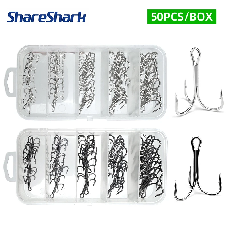 Kit ShareShark 50 hameçons triples acier carbone avec émerillons pour leurres - Hameçons ronds solides