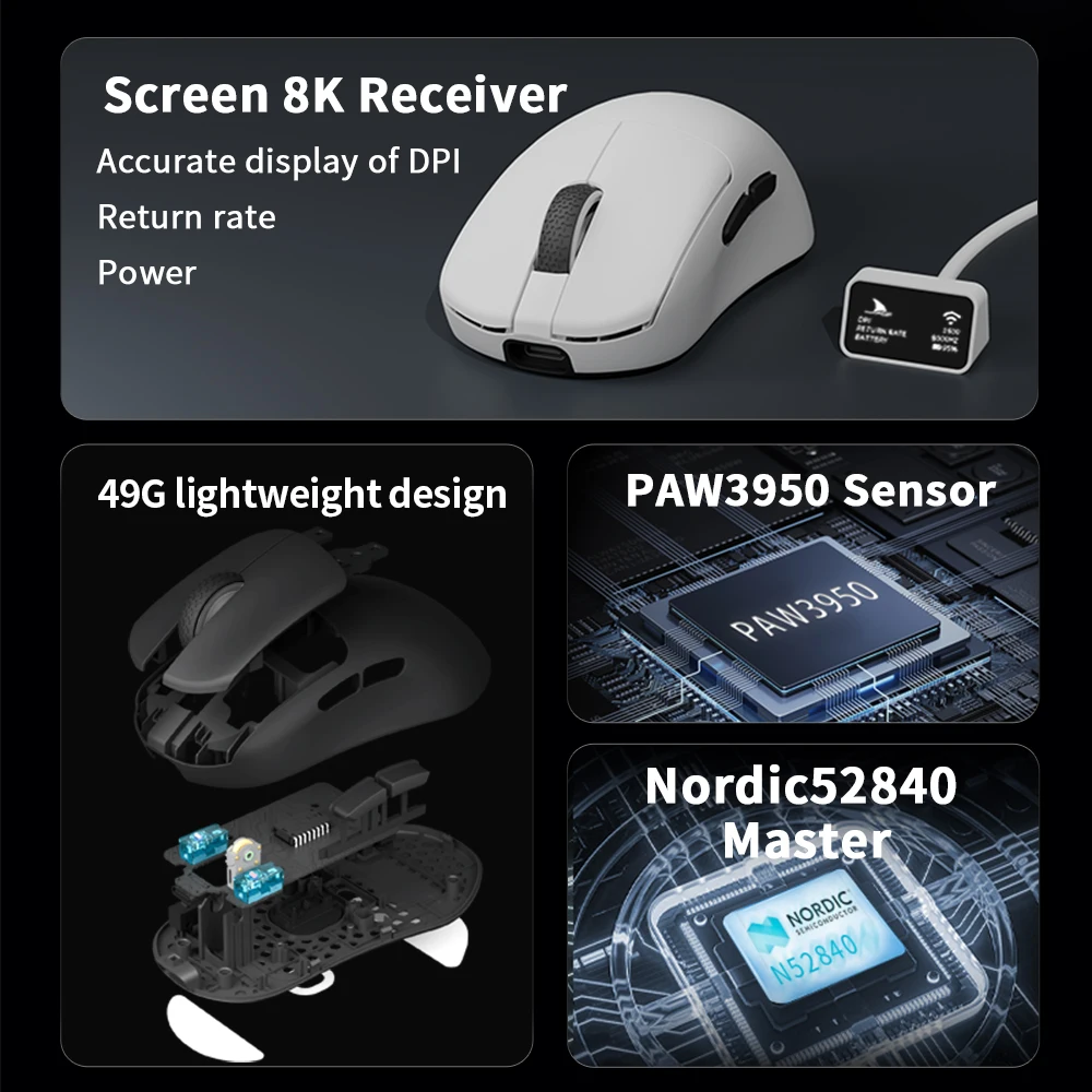 Darmoshark N7MAX 무선 게임 마우스 더블 8K 센서 PAW3950 30KDPI 게임용 매크로 드라이브 마우스 PC 노트북용 광학 마이크로 모션