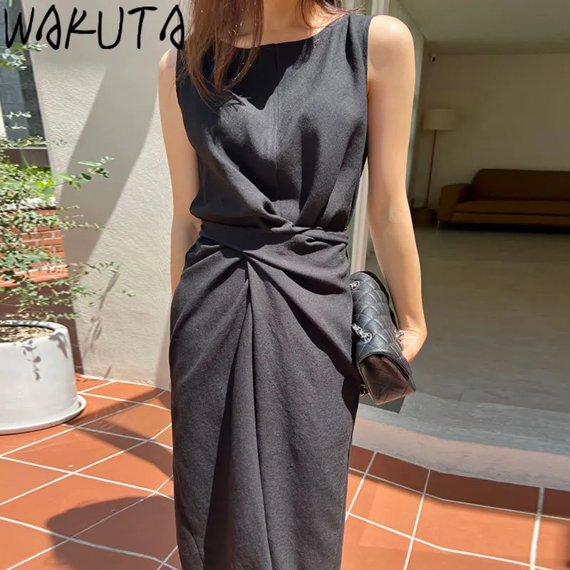 

WAKUTA Bowknot Slim Waist Maxi Dress Summer Sleeveless Chic Solid Ladies Dresses Korean 2024 Elegant Vintage Fashion Clothing