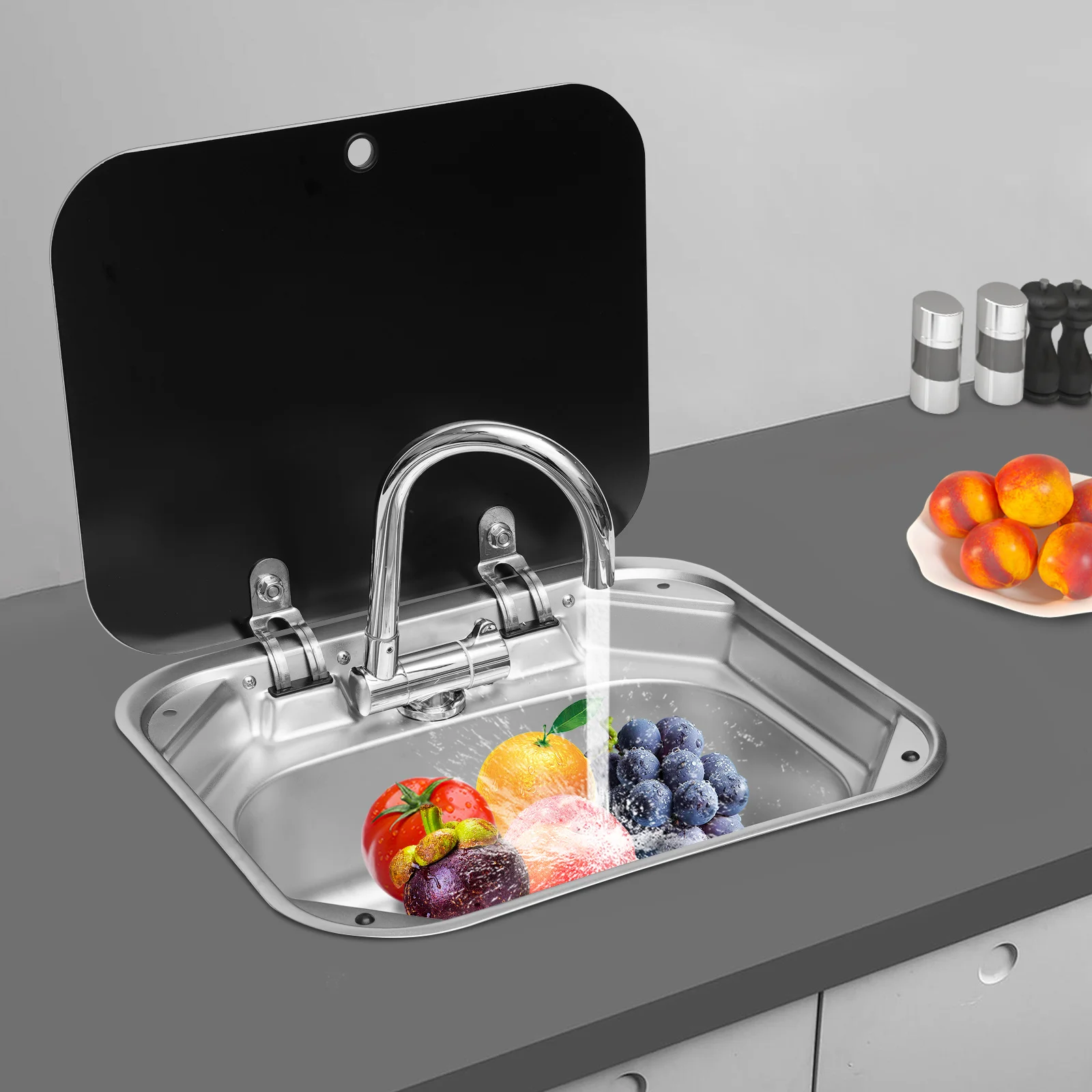 Hand Wash Basin Sink Stainless Steel RV Sink with Glass Lid Hot and Ccold Faucet Camper Accessories for RV Caravan Boat