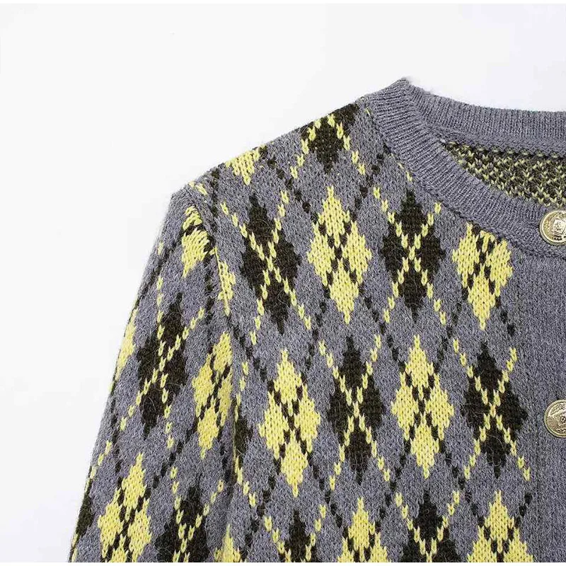 Plaid Knitted Slim Cardigan Women Autumn O-neck Long Sleeve Metal Button Short Sweater Coat Lady All-matching Knitwear New