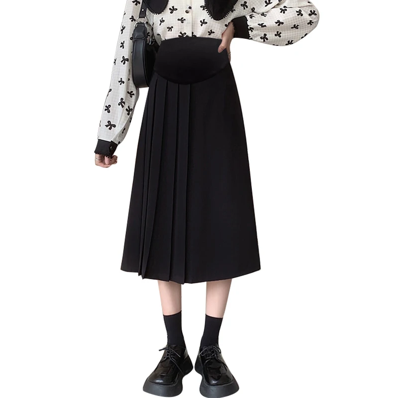 Short Maternity Suit Skirt Fashion High Waist Pleated Patchwork Pregnant Woman Midi Skirts for Spring