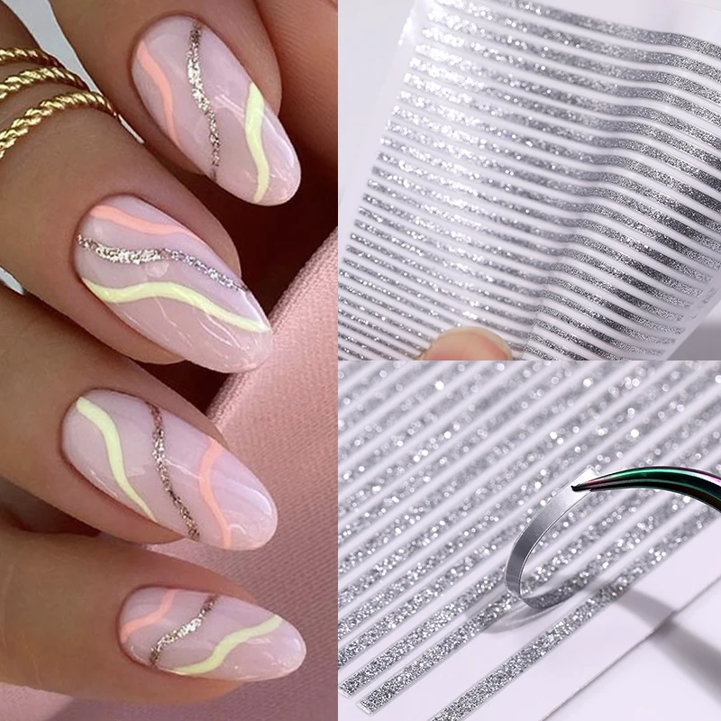 3D Lines Nail Stickers Holographic Silver Rose Gold Metal Stripe Letters Decals Curve Gel Nails Art Sliders Manicure Decor_voghion.com