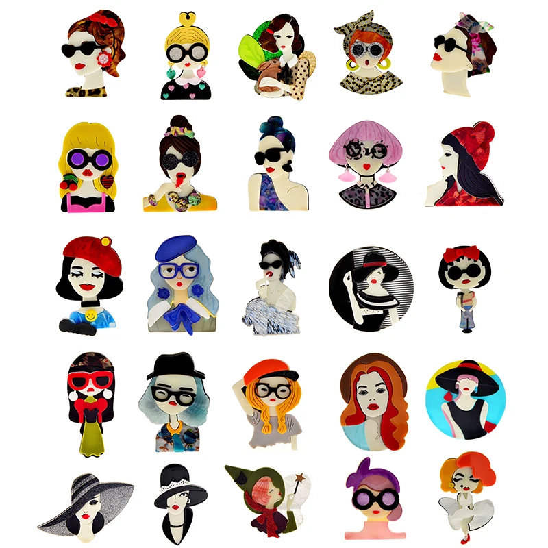 Acrylic Hug Rabbit Quiet Lady Brooches Unique Lady Figure Pins For Women Girls Lapel Badges Bag Decorations Party Dress Jewelry