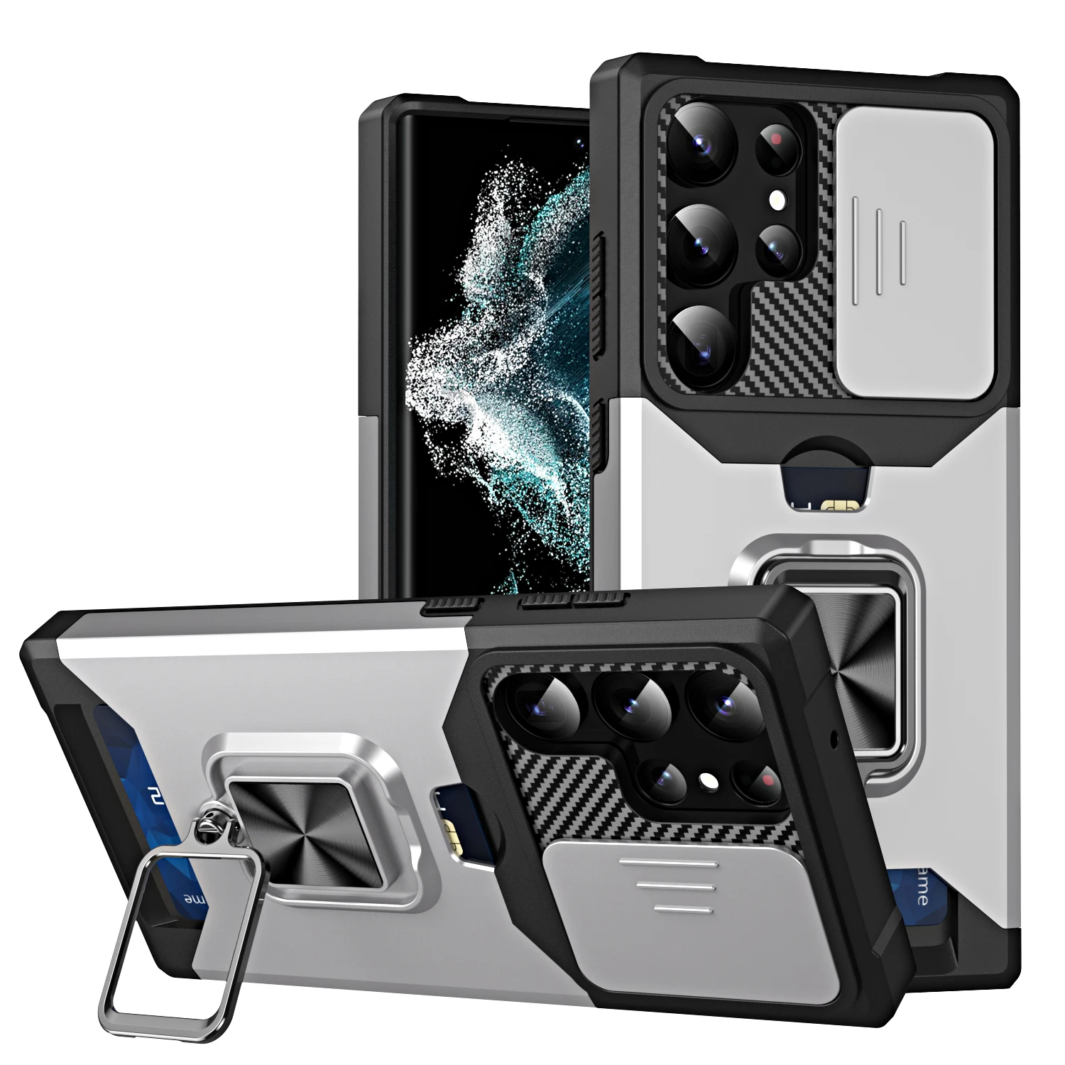 Card Slot Wallet Ring Holder Case with Armor Kickstand and Bumper Protection
