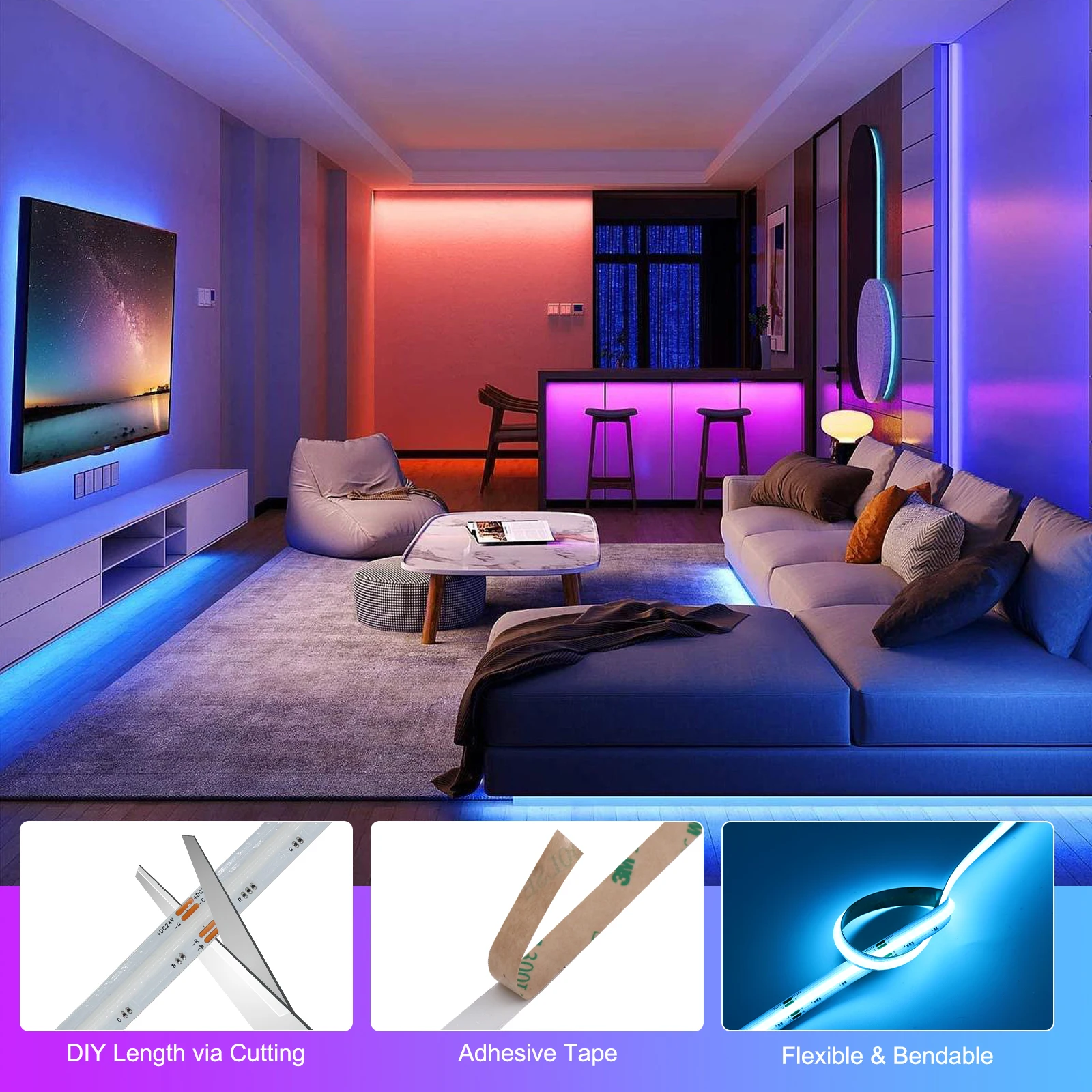 투야 RGB COB LED 스트립 조명, RGBW LED 리본 램프 LED 테이프 키트, 홈 룸 장식, RA90 + 앱 리모컨, 와이파이, 지그비