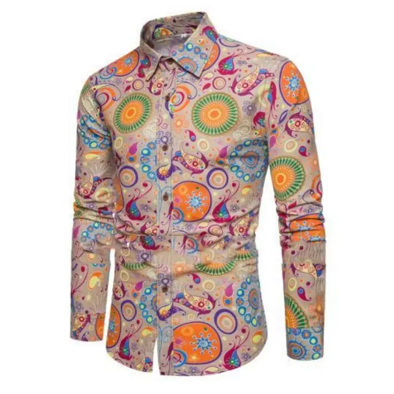 Fashion Paisley Floral Print Men's Shirts Vintage Style Lapel Button-Up Long Sleeve Tops Hip Hop Men/Women Casual Party Clubwear