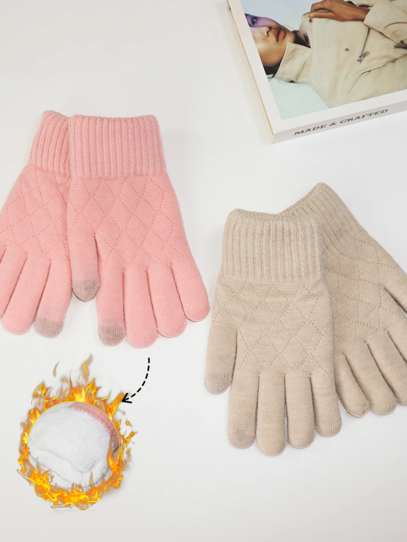 Touchscreen Gloves, Winter Thickened with Fleece, Warm and Cold-Proof, Suitable for Students Using Mobile Phones and Cycling, Knitted Wool Double-Layer Five-Finger Gloves