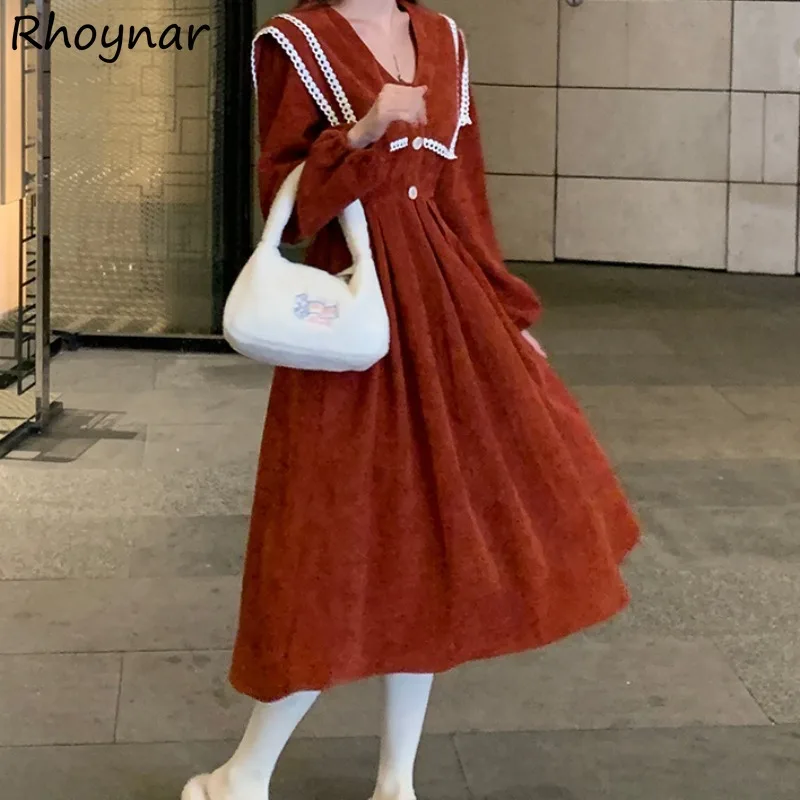 

Long Sleeve Dresses Women Corduroy Retro A-line Peter Pan Collar Fashion Korean Style Girlish Sweet Students Spring Casual Cozy